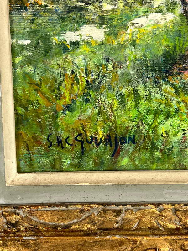 PAINTING / OIL ON CARDBOARD / "ANIMATED LANDSCAPE OF WALKERS SIGNED SHC GOURJON 1912