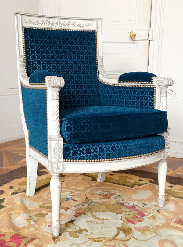 Bergère-Bürosessel aus der Directoire-Zeit, lackiertes Holz und Pannesamt Lelièvre - Bonvallet