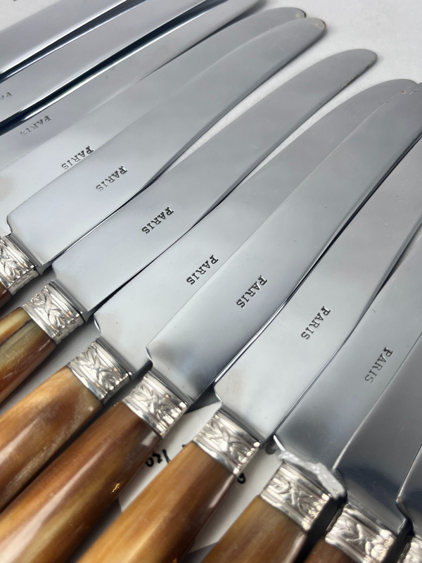 Twelve dessert or cheese knives, horn handle