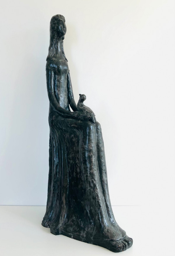 “Woman with Bird” sculpture in black glazed ceramic by Paulette Toma, France 60’s