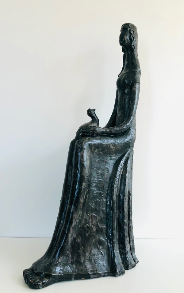 “Woman with Bird” sculpture in black glazed ceramic by Paulette Toma, France 60’s