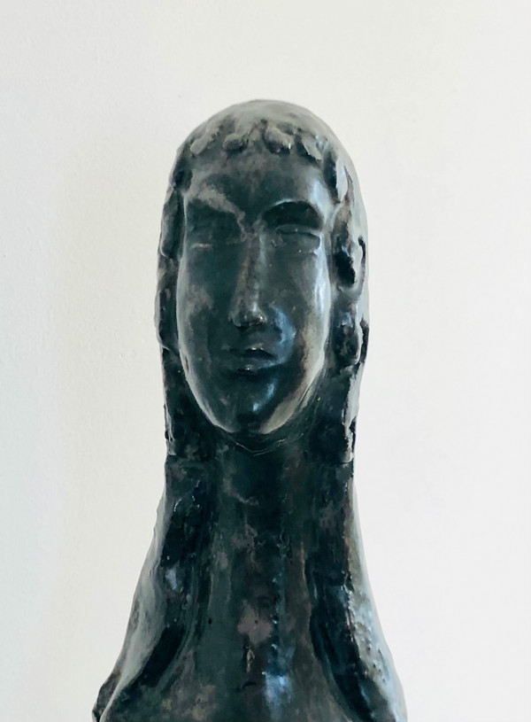 “Woman with Bird” sculpture in black glazed ceramic by Paulette Toma, France 60’s