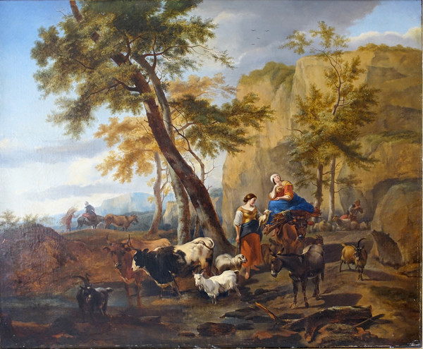 French School of the 19th century, pastoral scene in the style of Berchem, large oil on canvas