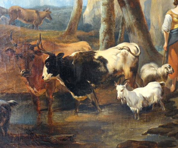 French School of the 19th century, pastoral scene in the style of Berchem, large oil on canvas