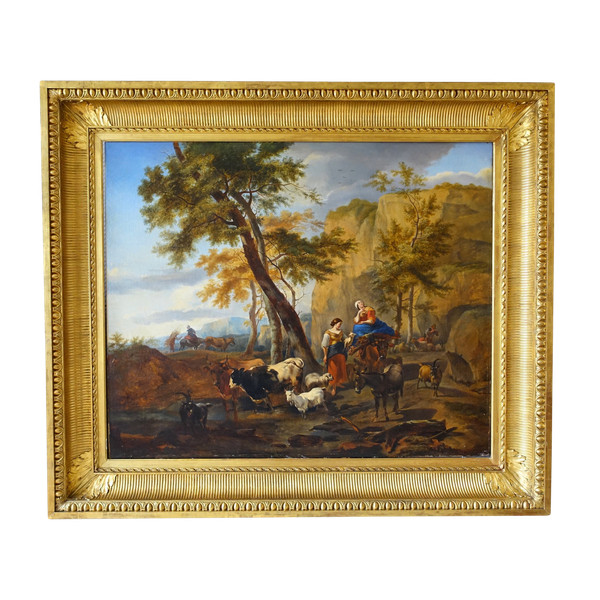 French School of the 19th century, pastoral scene in the style of Berchem, large oil on canvas