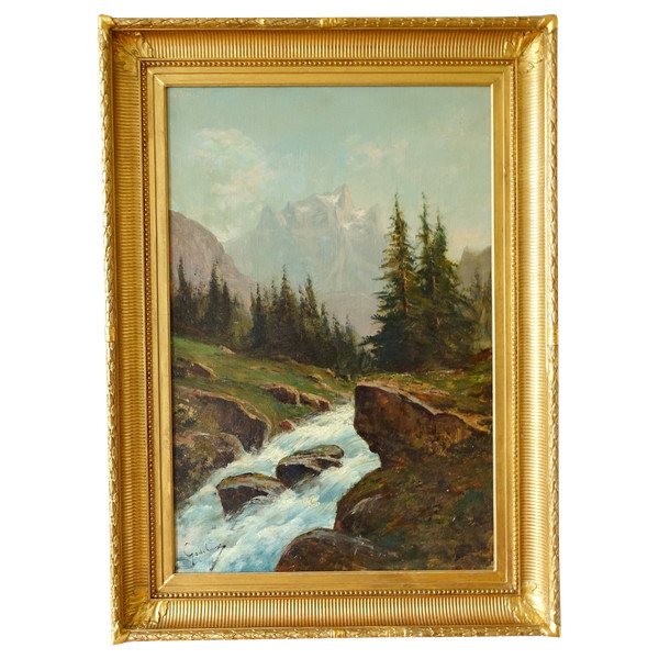 Emile Godchaux: grande dipinto di montagna - olio su tela - 82,5 cm x 113,5 cm