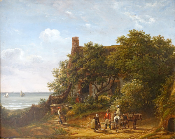 Louis Auguste Gerard: il mercante di pesce, olio su tavola di mogano - 63,2 cm x 54 cm