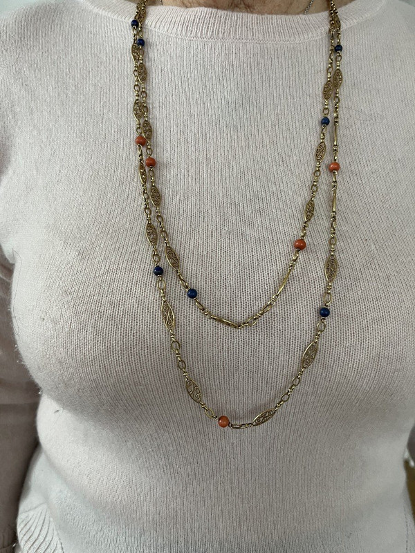 5216- Collier Sautoir Ancien Or Jaune Corail Lapis Lazuli