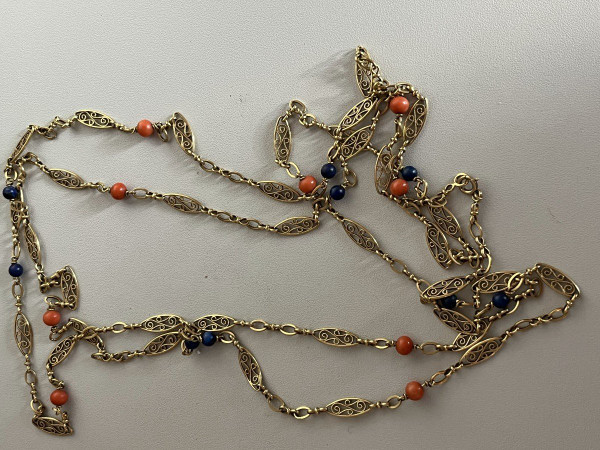 5216- Collier Sautoir Ancien Or Jaune Corail Lapis Lazuli