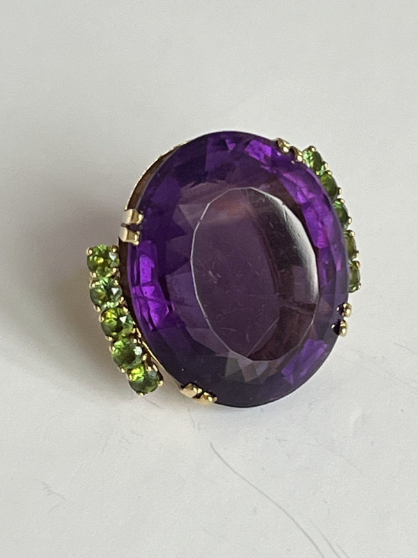 5268- Ring Cocktail Yellow gold Amethyst 35 Ct Peridots