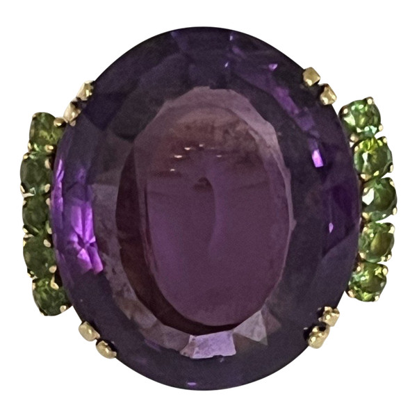 5268- Ring Cocktail Yellow gold Amethyst 35 Ct Peridots