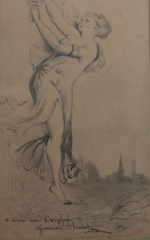 Drawing 'Allegory of Truth' signed Germain Ribot (1845-1893) with dedication "To my friend Dreyfus"