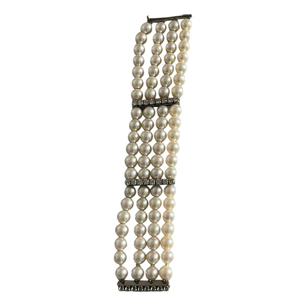 5329- Bracelet 4 Strands Of Pearls Diamond Bars