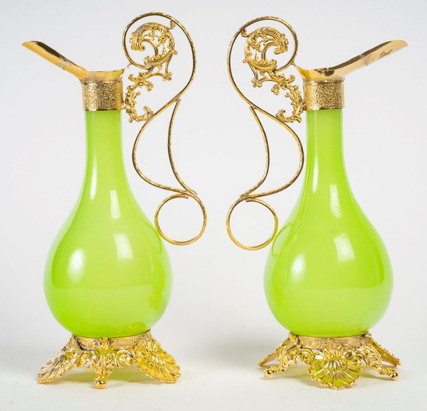 A pair of opaline ewers with gilt bronze ornamentation, Napoleon III