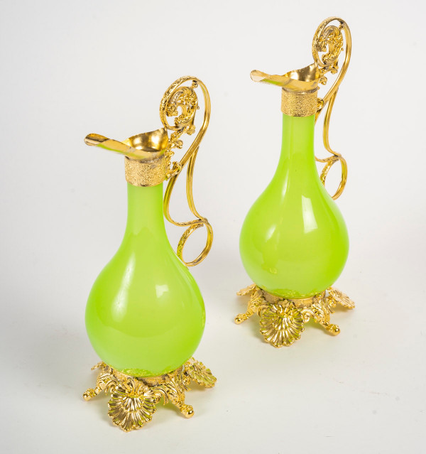 A pair of opaline ewers with gilt bronze ornamentation, Napoleon III