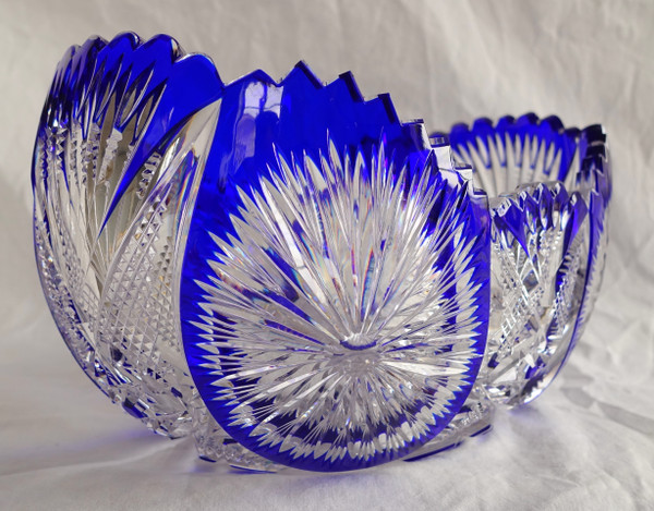 Richly cut cobalt blue overlay Baccarat crystal planter or bowl