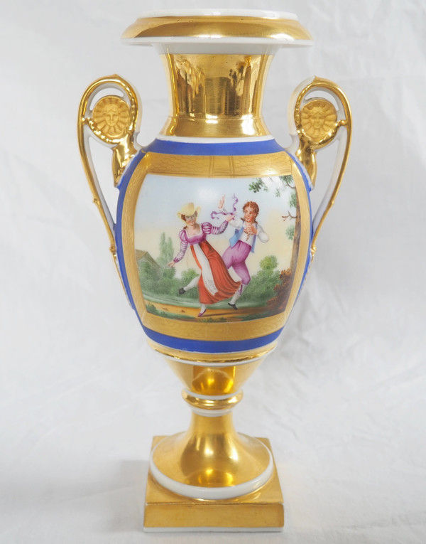 Pair of Empire period vases in Paris porcelain and biscuit, blue and gold polychrome decoration