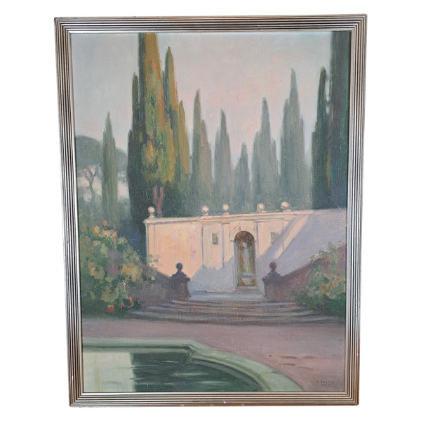 André Advier, The Terraces and Cypresses of the Villa d'Este, Oil On Canvas, 1937.