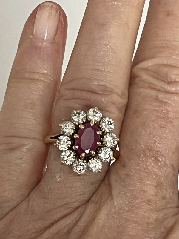 4205- Bague Pompadour Or Jaune Rubis Diamants 1,50 Ct