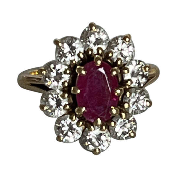 4205- Bague Pompadour Or Jaune Rubis Diamants 1,50 Ct