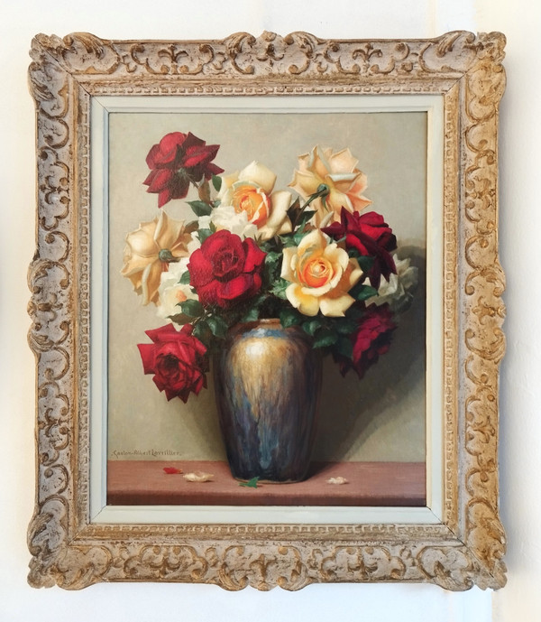 Painting Oil On Canvas Still Life Roses By Gaston Albert - Lavrillier Mid Century