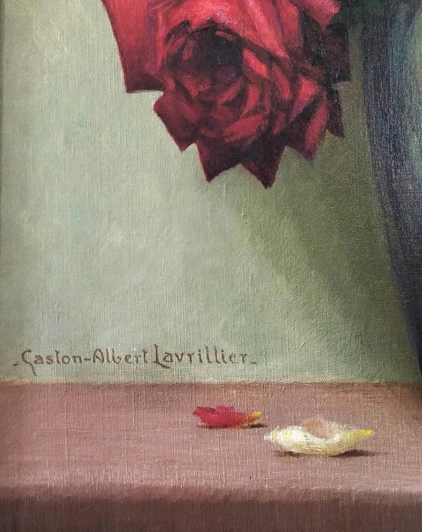 Painting Oil On Canvas Still Life Roses By Gaston Albert - Lavrillier Mid Century