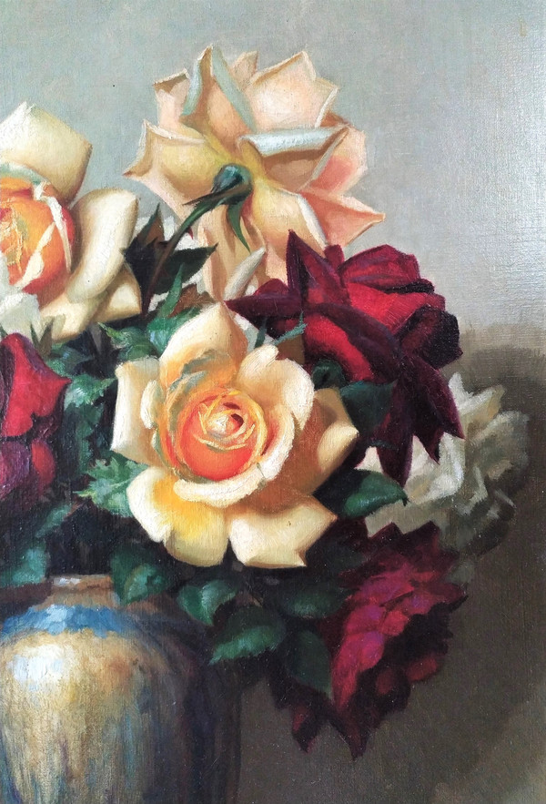 Painting Oil On Canvas Still Life Roses By Gaston Albert - Lavrillier Mid Century