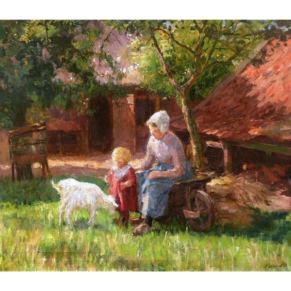 Bernard Jean Corneille POTHAST, Peasant woman and her daughter in a sunny farmyard