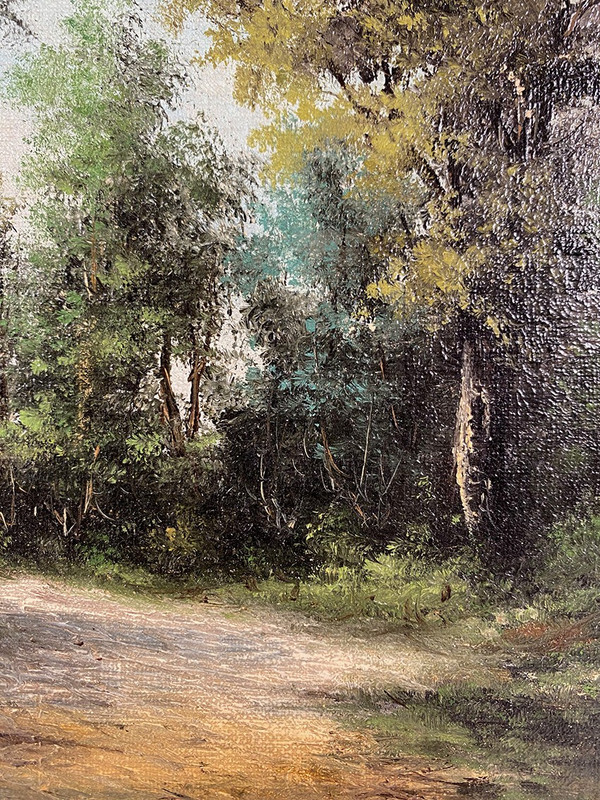 Alain Bonnaud (XXe), petite huile sur toile. “Femme sur un chemin en forêt”