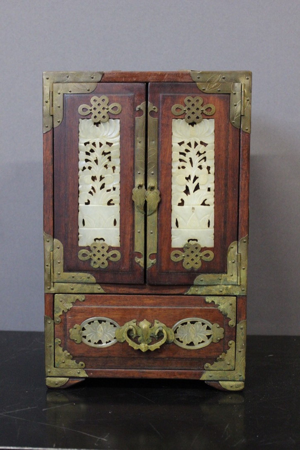 XXth Century Small Chinese Wood and Hard Stone Cabinet