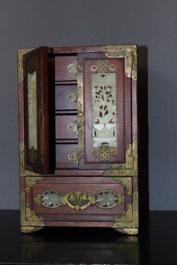 XXth Century Small Chinese Wood and Hard Stone Cabinet