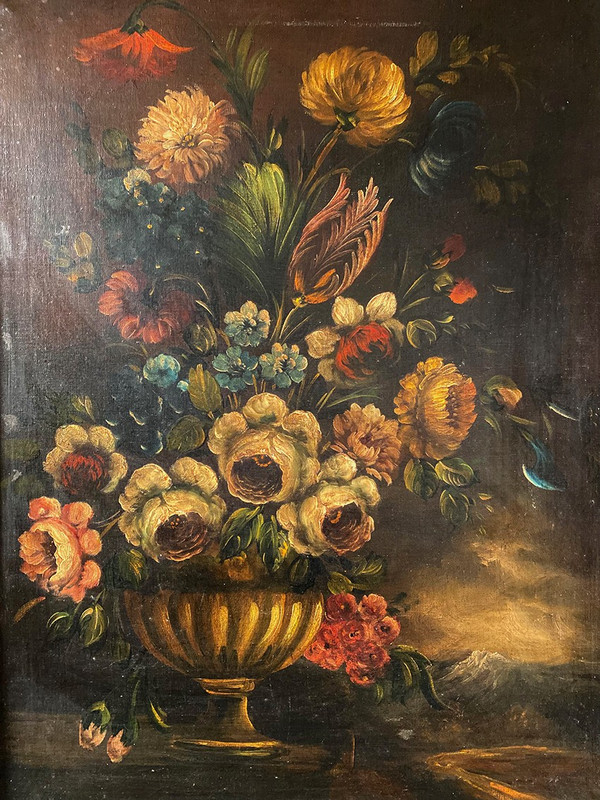 19th century Dutch school, oil on canvas. "Bouquet of flowers on an entablature".