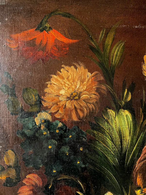 19th century Dutch school, oil on canvas. "Bouquet of flowers on an entablature".