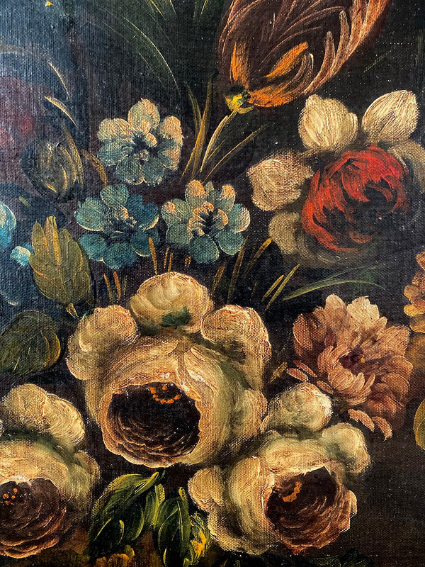 19th century Dutch school, oil on canvas. "Bouquet of flowers on an entablature".