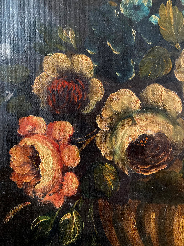 19th century Dutch school, oil on canvas. "Bouquet of flowers on an entablature".