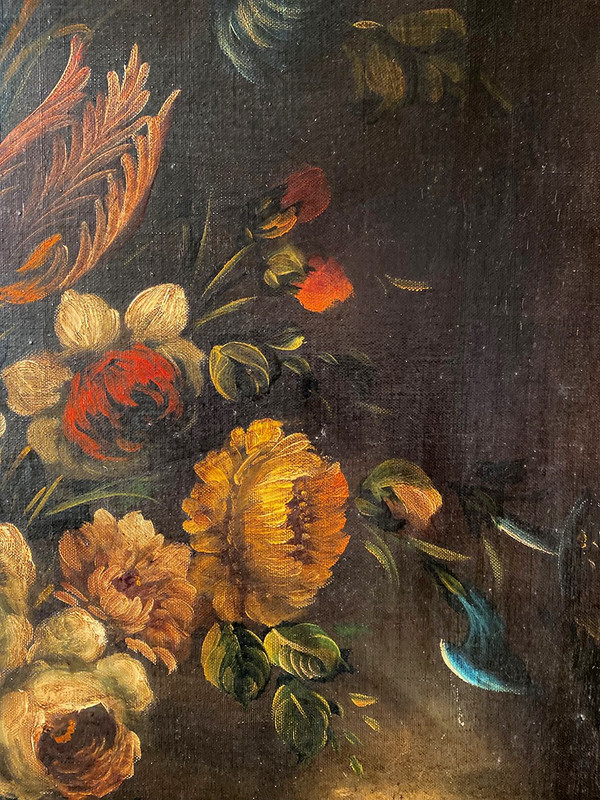 19th century Dutch school, oil on canvas. "Bouquet of flowers on an entablature".