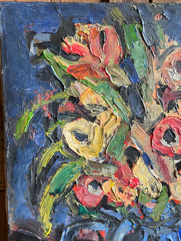 Pierre Ambrogiani (1906-1985) Huile Sur Toile - Bouquet De Fleurs Au Vase Bleu 