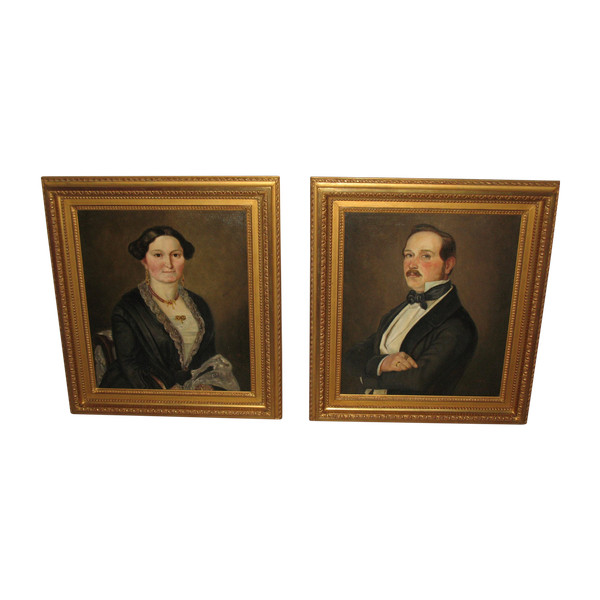 Paire de portraits couple en buste signé M.V. Ziegler huiles sur toile époque milieu 19ème