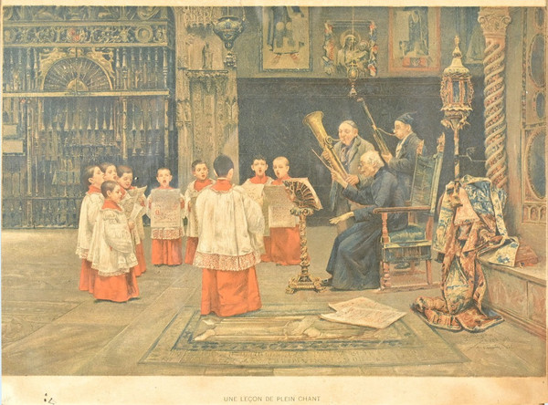 Print titled "Une Leçon de Plein Chant" after J. Gallegos y Arnosa - Early 20th century