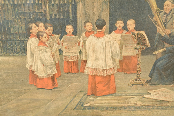 Print titled "Une Leçon de Plein Chant" after J. Gallegos y Arnosa - Early 20th century