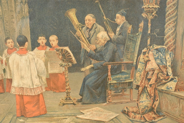 Print titled "Une Leçon de Plein Chant" after J. Gallegos y Arnosa - Early 20th century