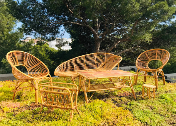 Couchtisch aus Rattan und Keramikfliesen, Frankreich 60er Jahre