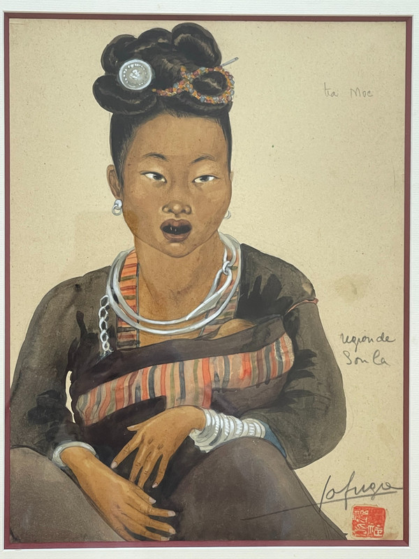   Watercolor of a child and a woman "Ta Moc" from the Soula region, Léa LAFUGIE (1890-1972)