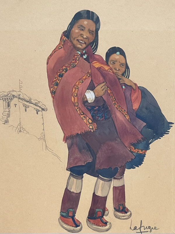 Léa LAFUGIE (1890-1972), gouache of a woman and child in Tibet