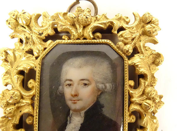 Painted Miniature Portrait Noble Gentleman Gilded Bronze Frame 19th Century