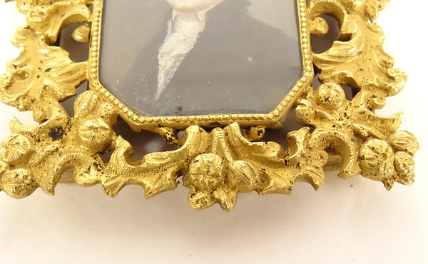 Painted Miniature Portrait Noble Gentleman Gilded Bronze Frame 19th Century