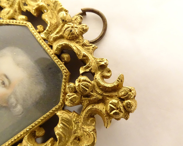 Painted Miniature Portrait Noble Gentleman Gilded Bronze Frame 19th Century