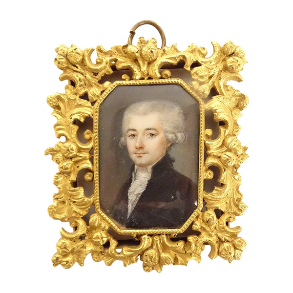 Painted Miniature Portrait Noble Gentleman Gilded Bronze Frame 19th Century