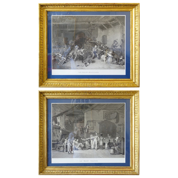 Paire de gravures Empire : La main chaude et Le Colin Maillard, cadres en bois doré 72,5cm x 62,5cm