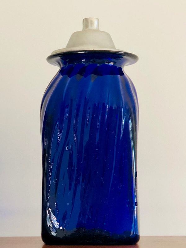 3 apothecary jars in cobalt blue blown glass and aluminum lids, Italy